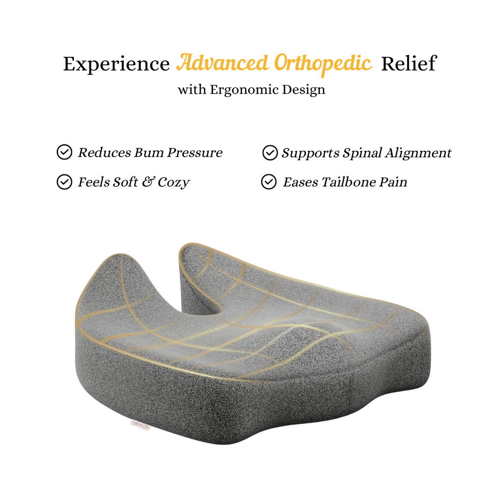 Grey memory foam back support for prolonged sitting with ergonomic design to reduce pressure and support spinal alignment