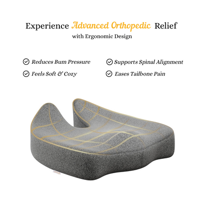 Grey memory foam back support for prolonged sitting with ergonomic design to reduce pressure and support spinal alignment
