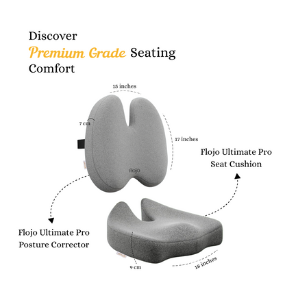 Memory foam back support for prolonged sitting with Flojo Ultimate Pro posture corrector and seat cushion in gray