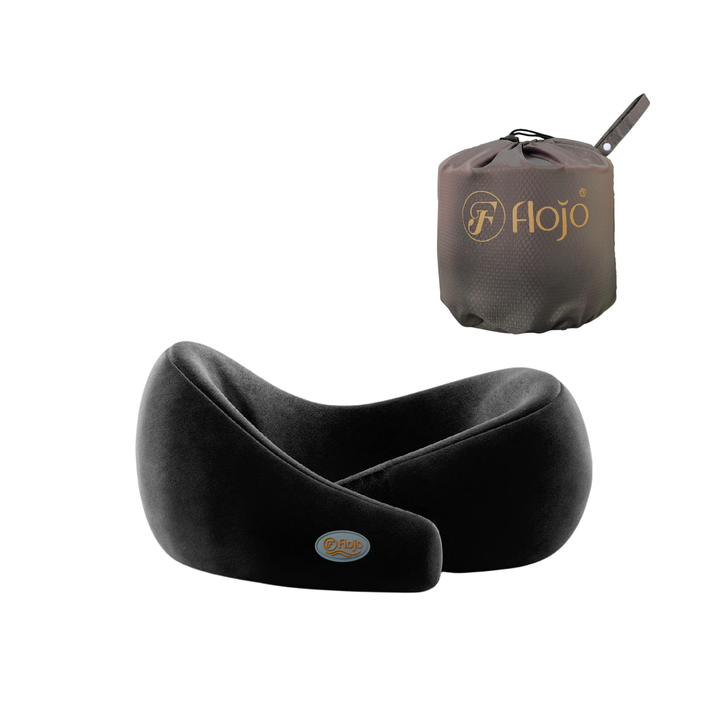 Black memory foam travel neck pillow with ergonomic design and compact brown carrying pouch