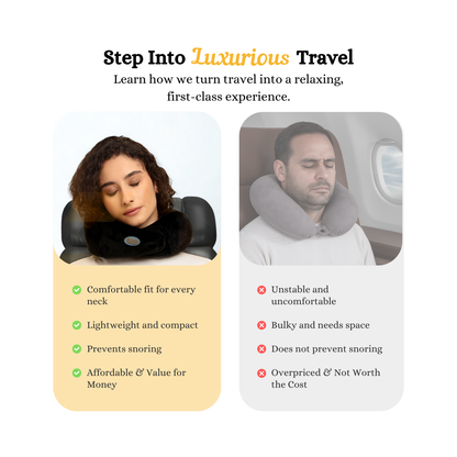 Comparison of memory foam travel neck pillow with comfortable black design versus bulky gray travel neck pillow
