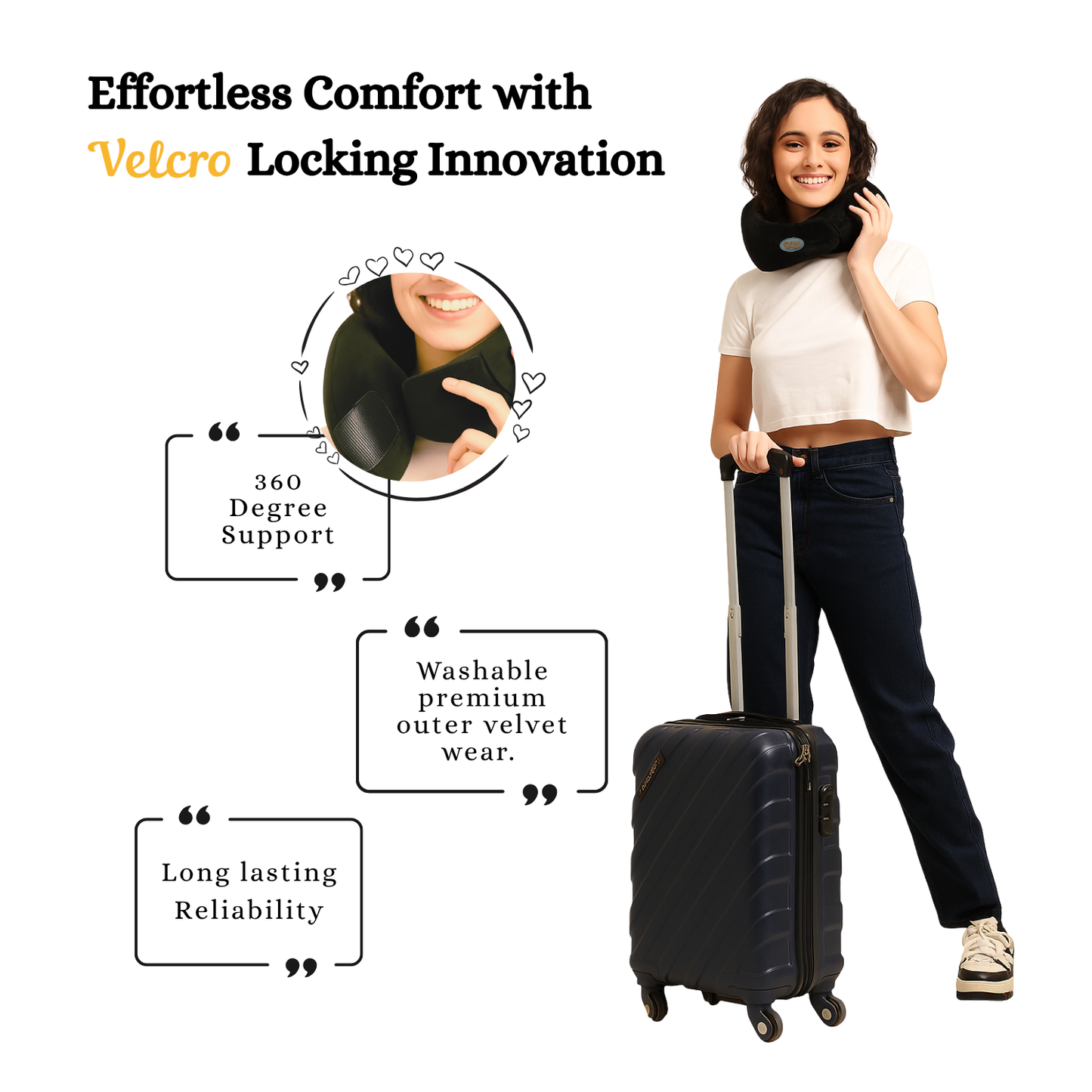 Woman wearing memory foam travel neck pillow with Velcro locking and holding black rolling suitcase