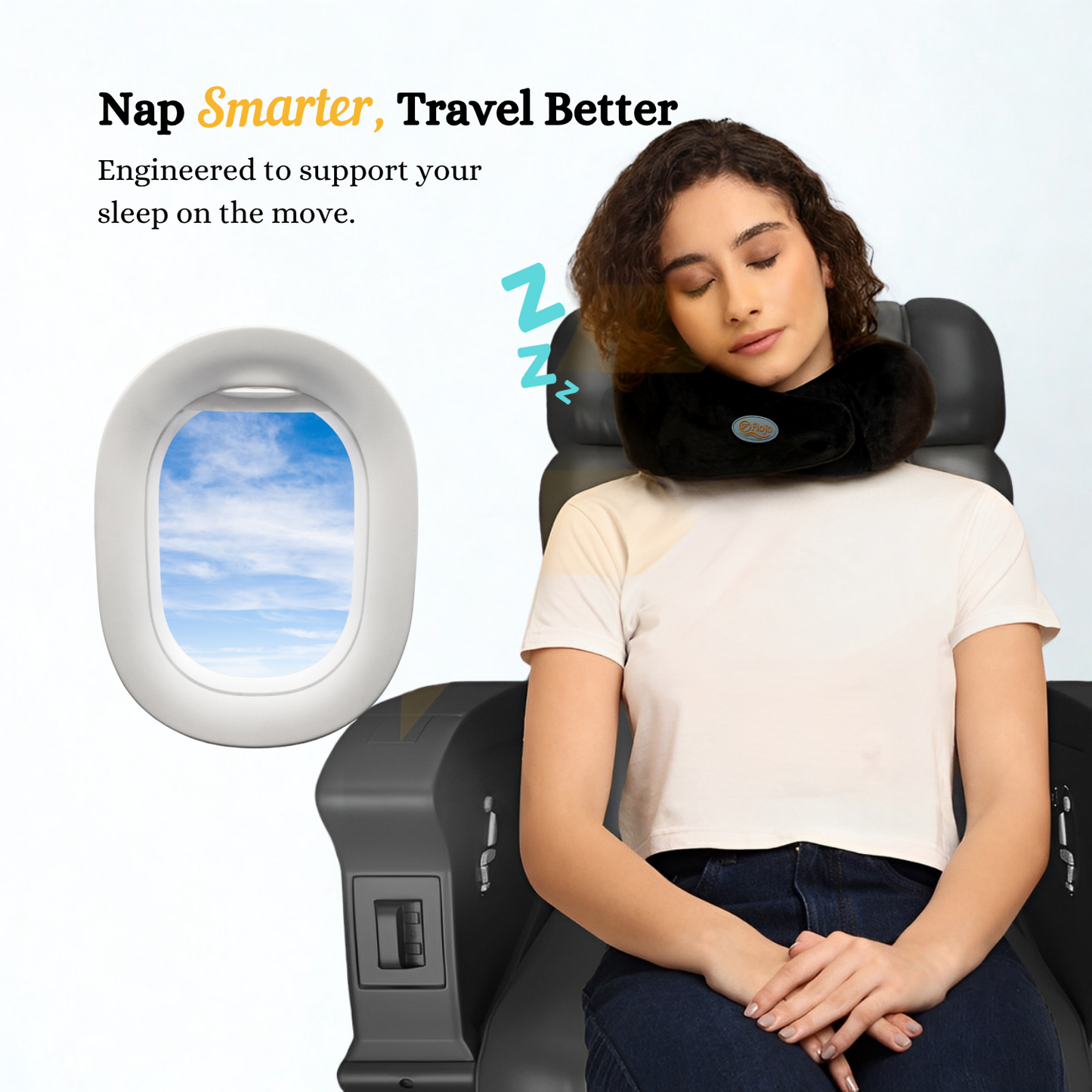 Woman sleeping on a black memory foam travel neck pillow while seated on a plane seat
